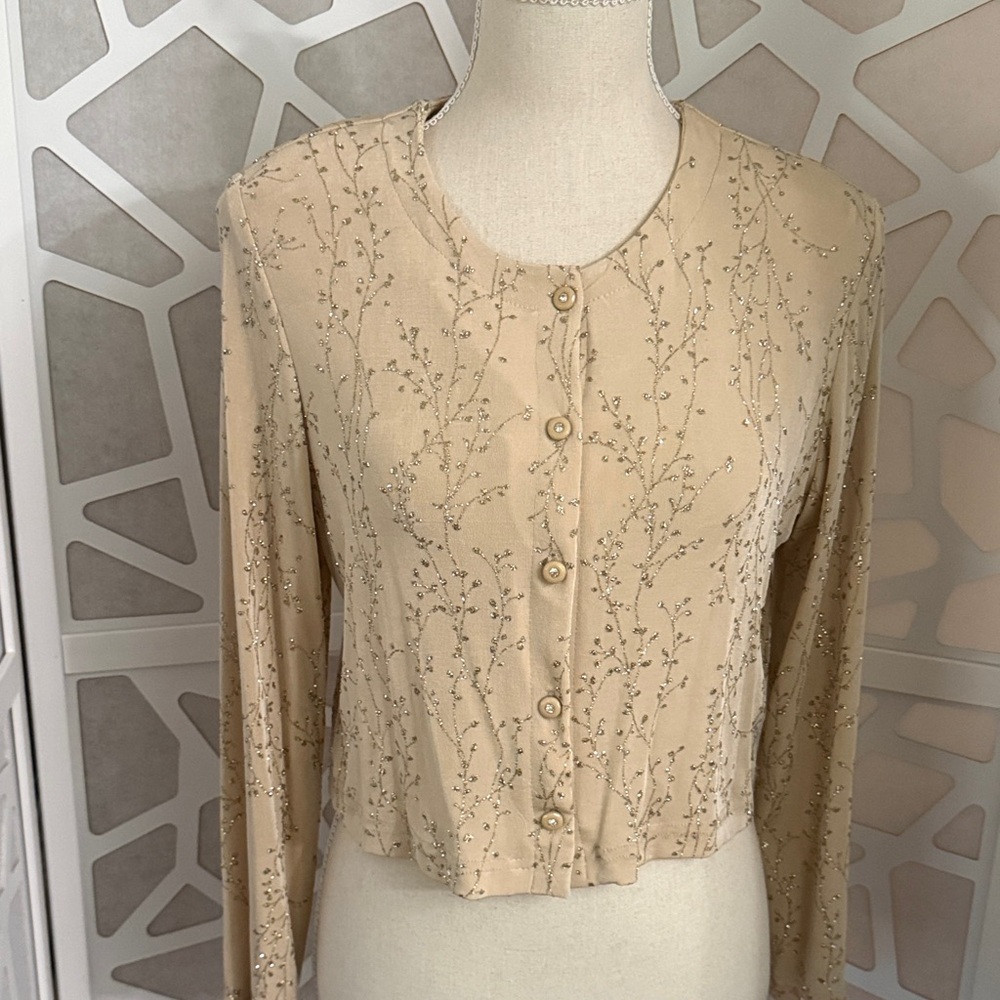 Ronni Nicole Beige Sparkly Short Floral Button-Up Top